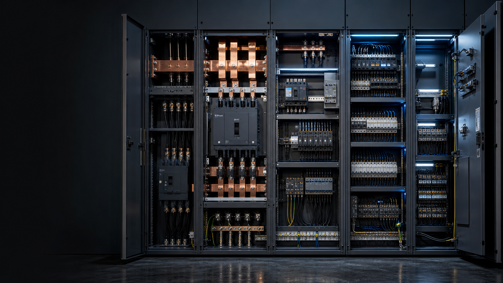 De-energized generic switchgear lineup showing copper busbars, protective devices, distribution equipment, cable routing, and grounding details.