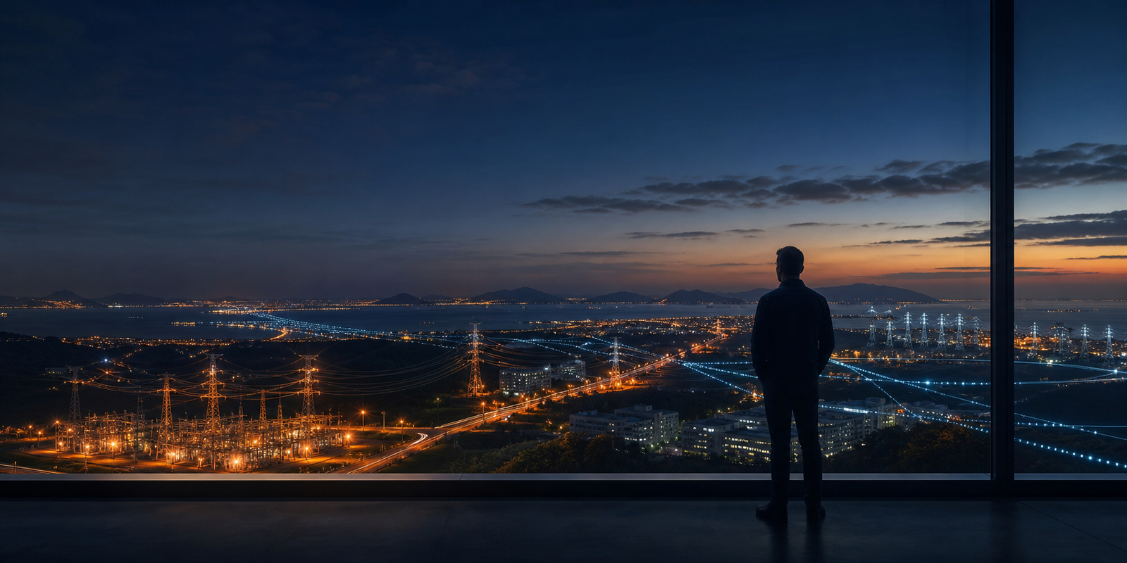 An anonymous professional looks across a modern power and city landscape at dusk as copper and blue pathways converge.