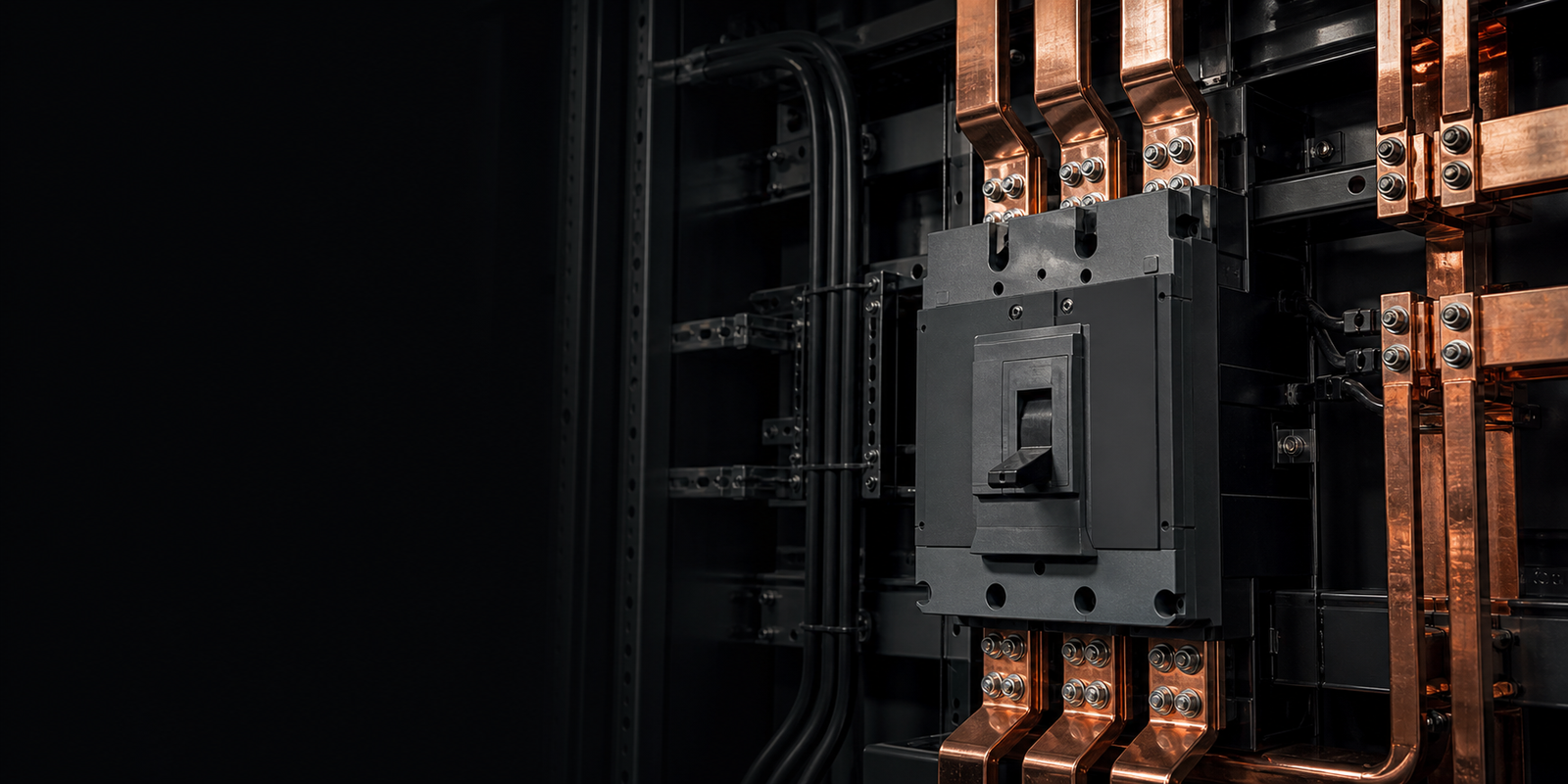 De-energized generic switchgear with a molded-case circuit breaker, polished copper busbars, and insulated conductors.
