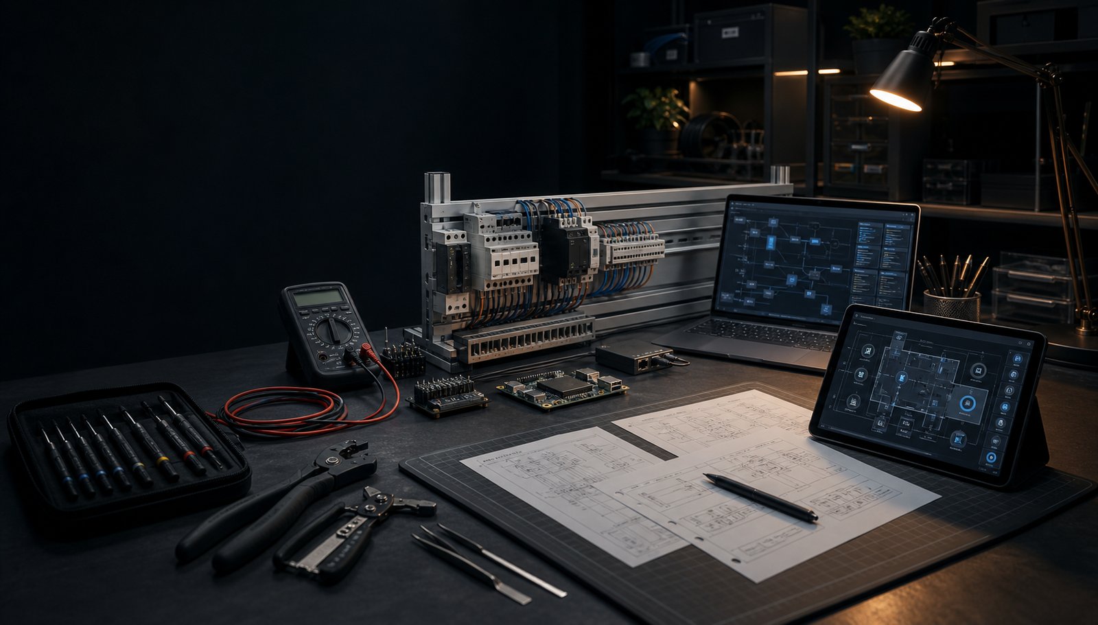 Safe bench-scale electrical and automation workbench with a training rig, test tools, abstract workflows, and generic schematics.