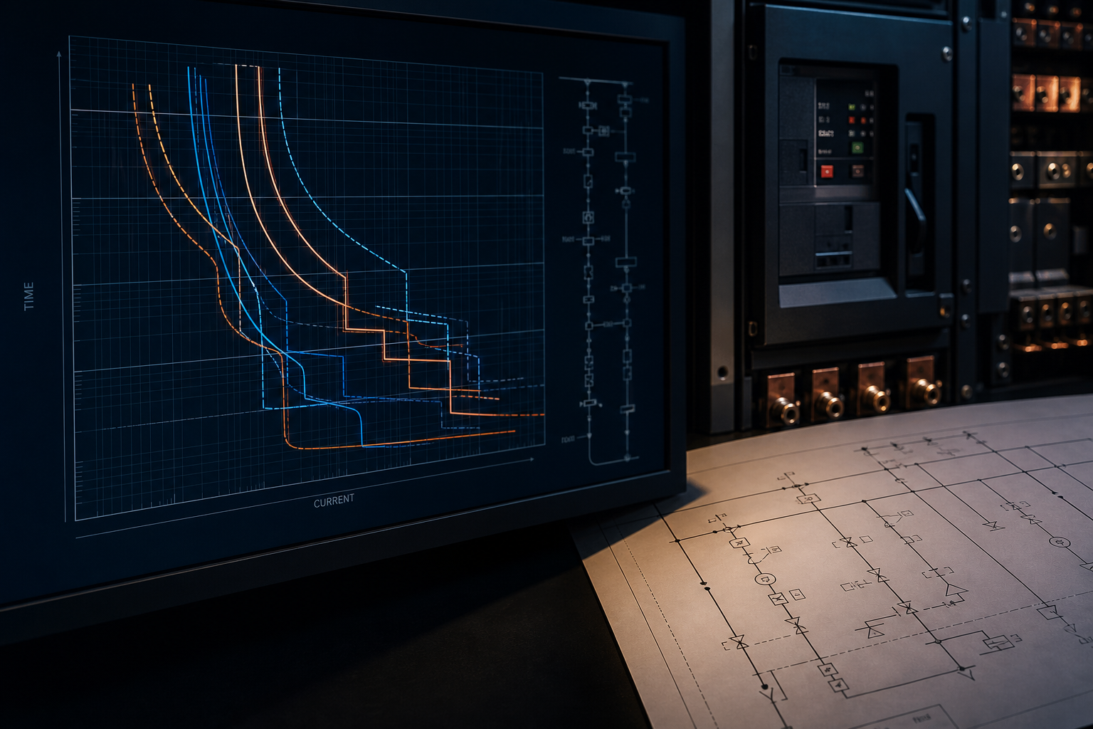 Safe fictionalized protection curves beside an abstract one-line diagram and generic protective equipment.