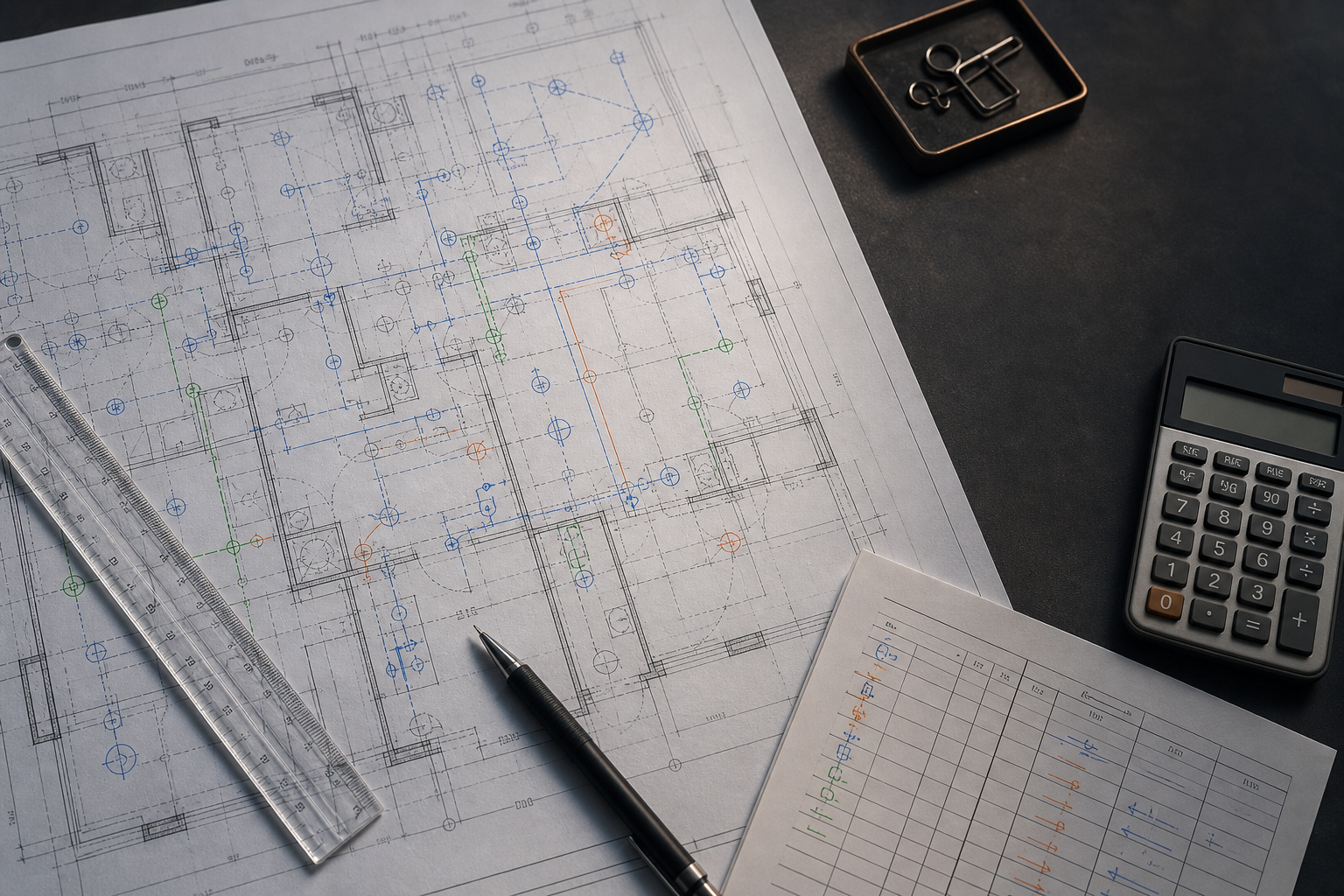 Safe fictionalized electrical takeoff drawing, annotation marks, scale, and generic quantity worksheet.